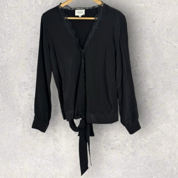 Sezane 100% Silk Lace Trim Cassandra Blouse Black Size 38 French US 6 Minimalist - Picture 3 of 16